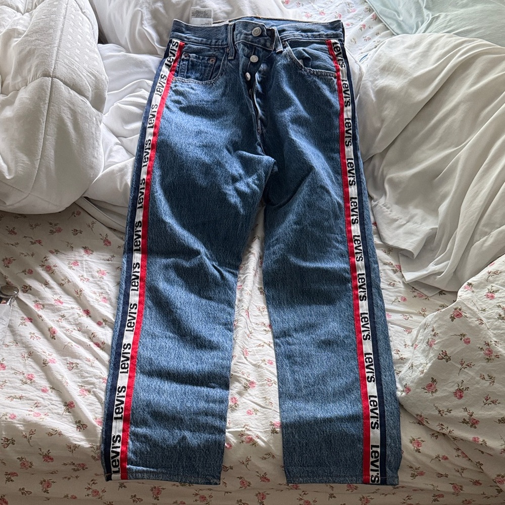 Levi's All-American Blue Jeans with Red and Black Side Stripes